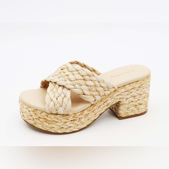 NWT!! RAFFIA NATURAL CRISS CROSS PLATFORM CHUNKY HEEL SLIDE SANDAL - Picture 6 of 11
